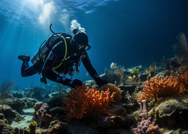 Underwater adventure diving into blue tropical sea generated by artificial intelligence